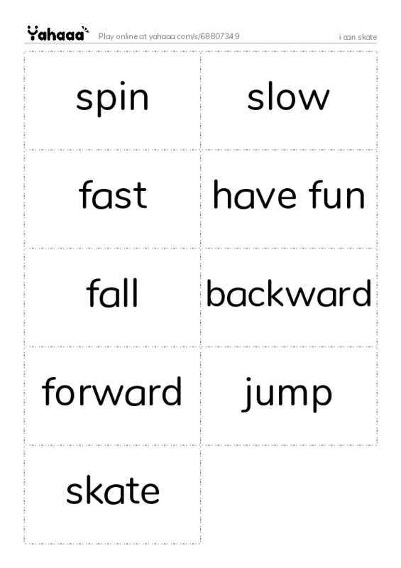 Word flashcards worksheet for i can skate
