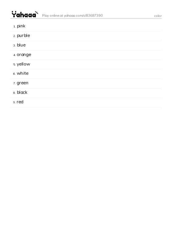 Word list with meanings worksheet for color