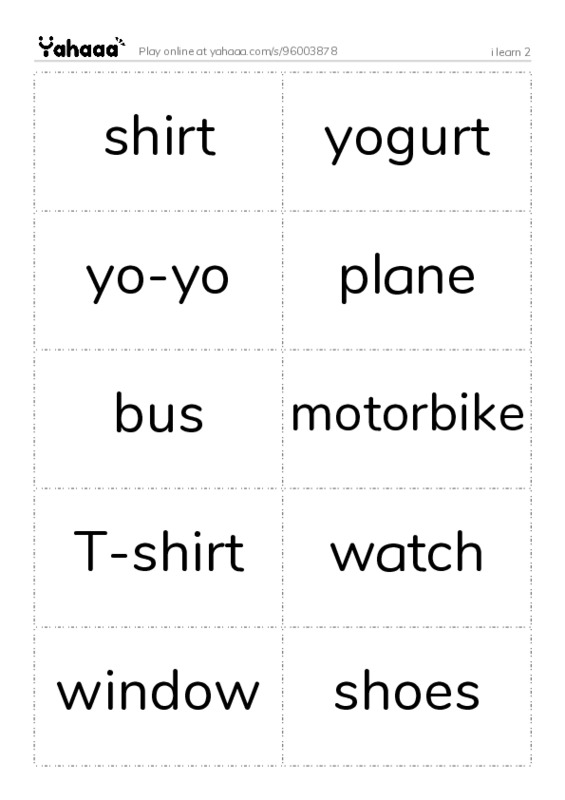Word flashcards worksheet for i learn 2