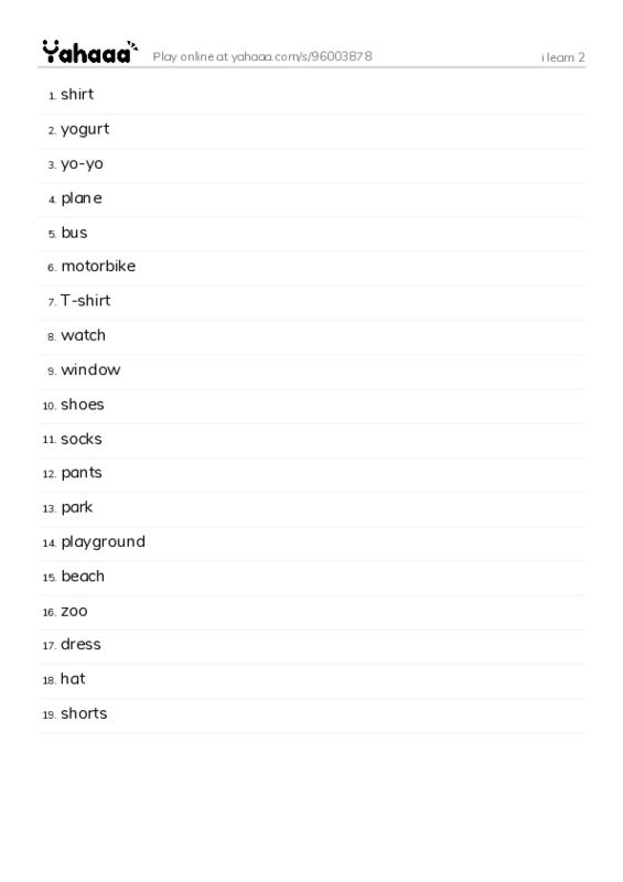 Word list with meanings worksheet for i learn 2