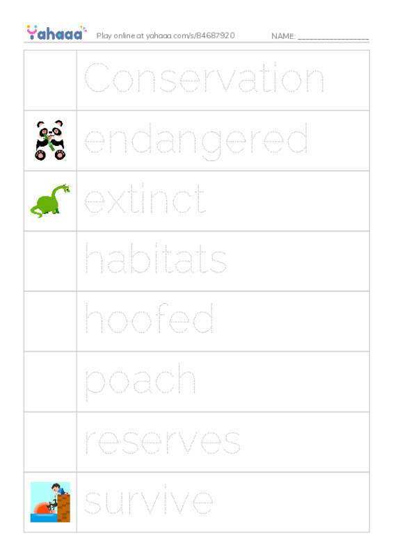 Picture and word rows worksheet for Tigers