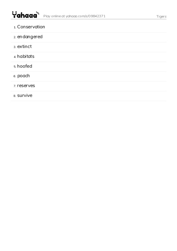 Word list with meanings worksheet for Tigers