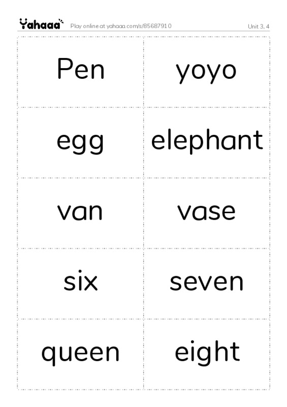 Word flashcards worksheet for Unit 3, 4