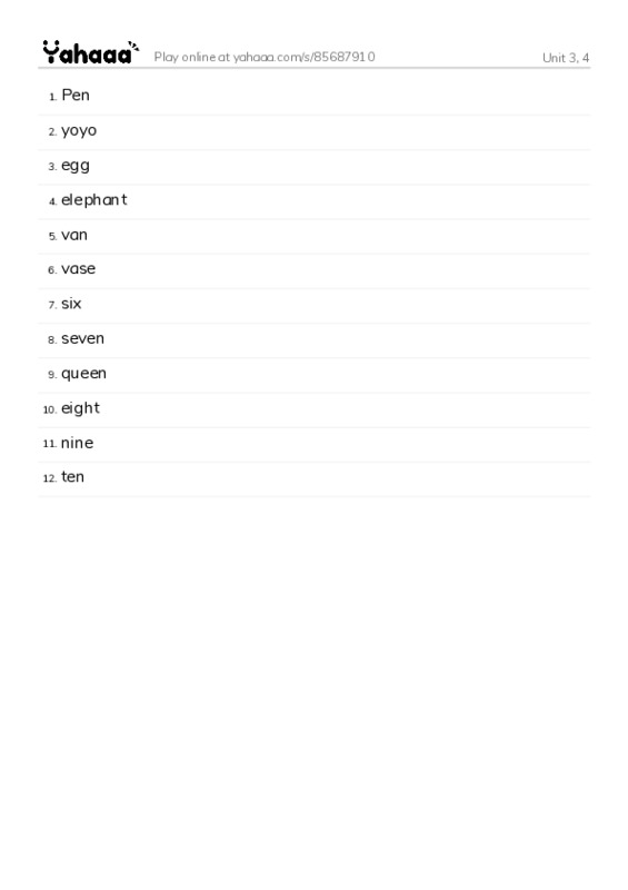 Word list with meanings worksheet for Unit 3, 4
