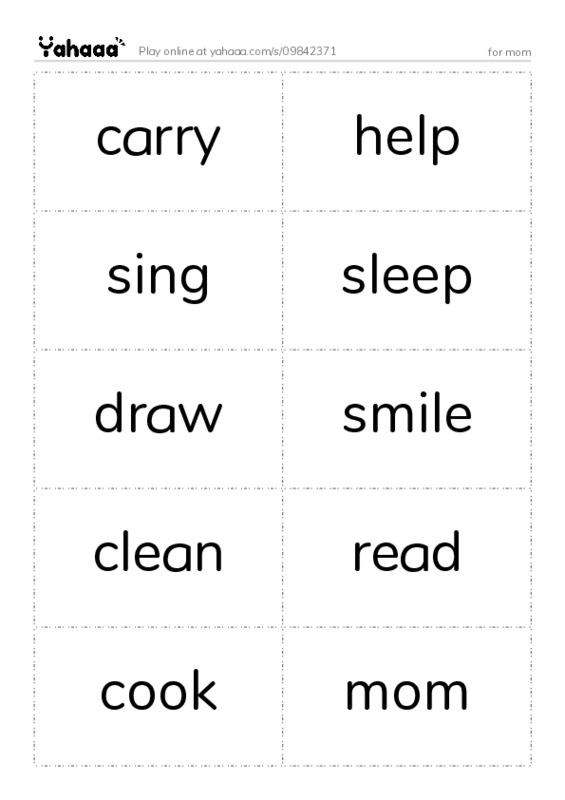 Word flashcards worksheet for for mom