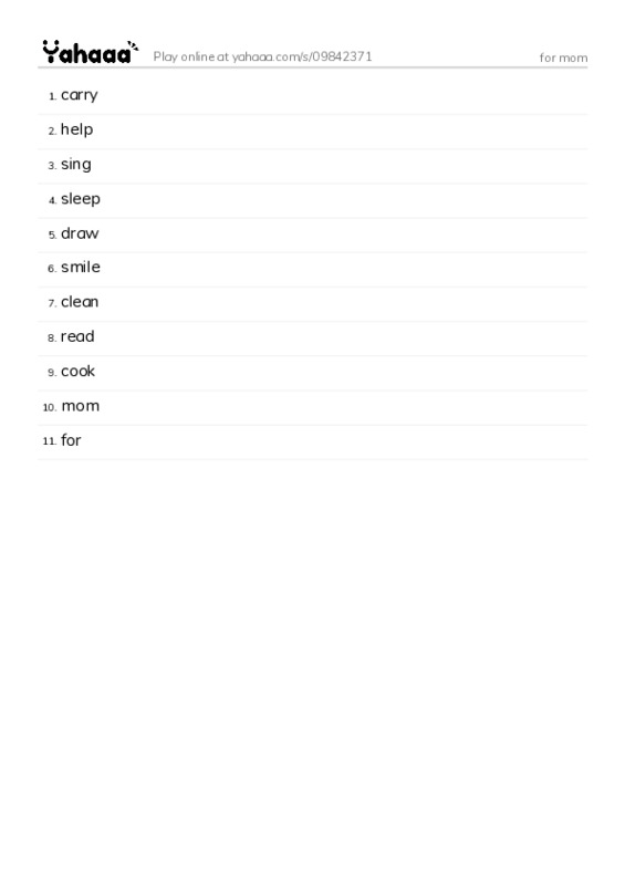 Word list with meanings worksheet for for mom