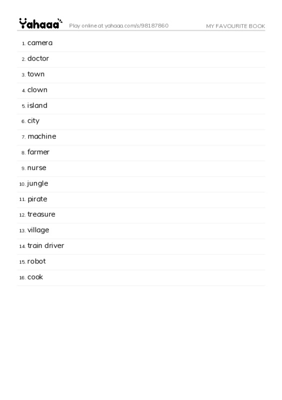 Word list with meanings worksheet for MY FAVOURITE BOOK