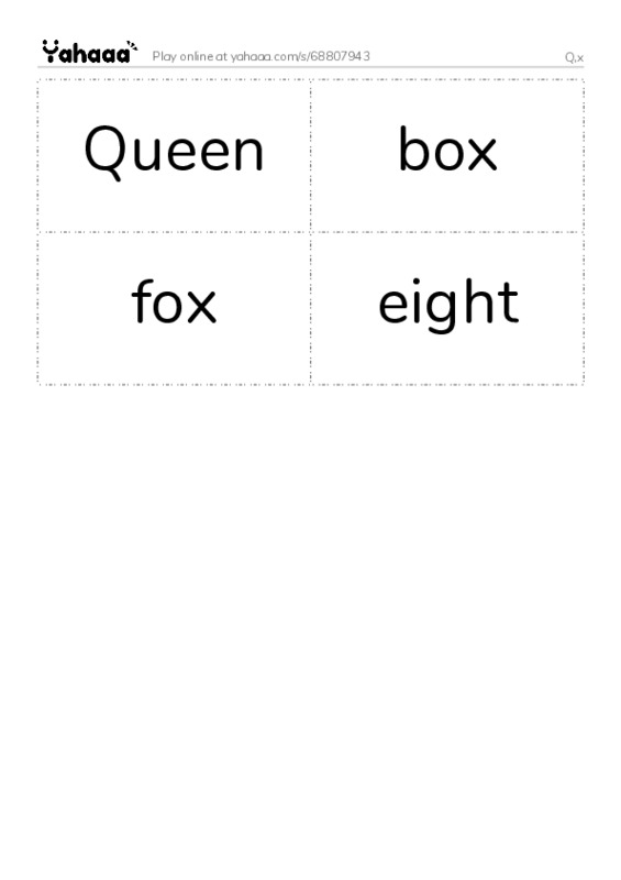 Word flashcards worksheet for Q,x