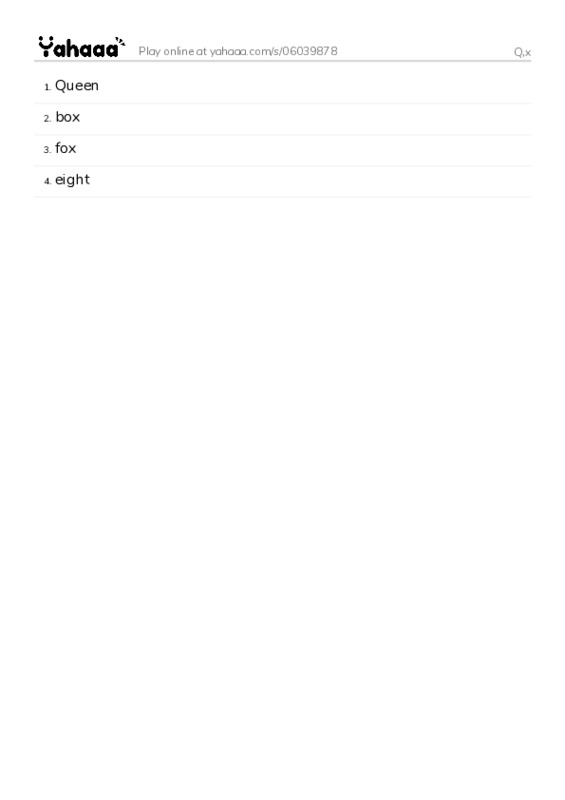 Word list with meanings worksheet for Q,x