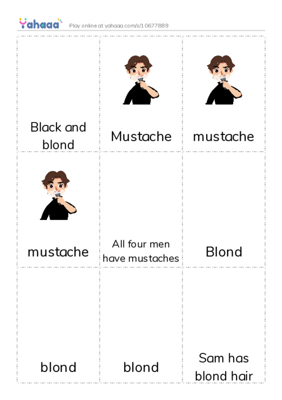 Picture flashcards worksheet for Black and blond, Mustache, mustache and 10 more