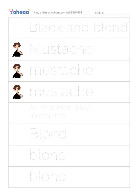 Picture and word rows worksheet for Black and blond, Mustache, mustache and 10 more