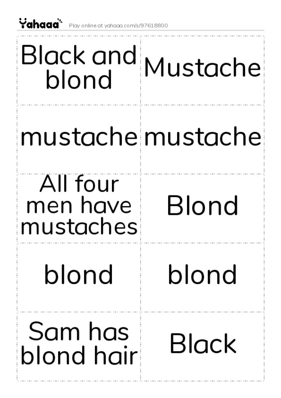 Word flashcards worksheet for Black and blond, Mustache, mustache and 10 more
