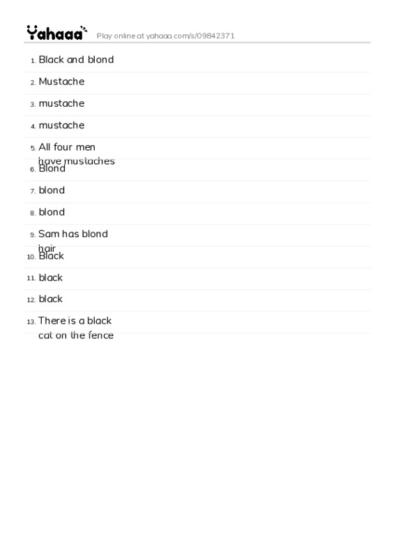 Word list with meanings worksheet for Black and blond, Mustache, mustache and 10 more