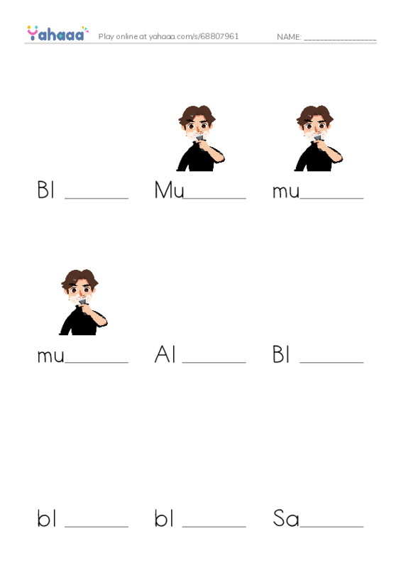 Finish the word worksheet for Black and blond, Mustache, mustache and 10 more