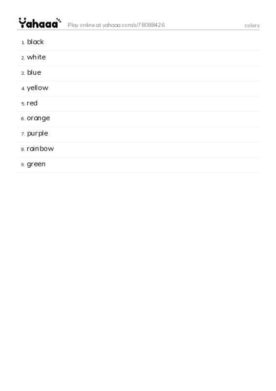 Word list with meanings worksheet for colors