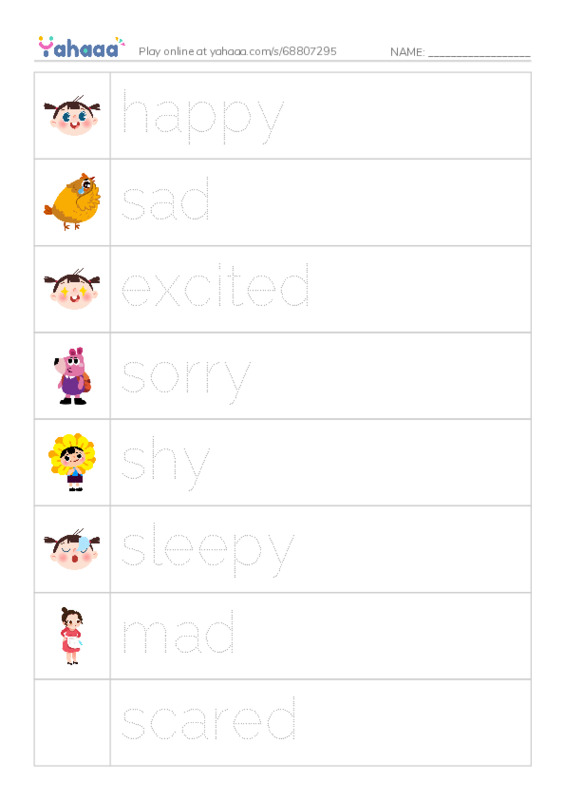 Picture and word rows worksheet for faces