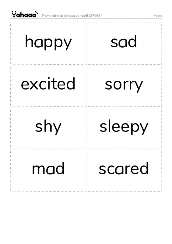 Word flashcards worksheet for faces