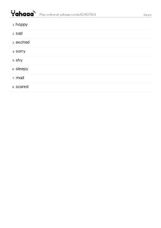 Word list with meanings worksheet for faces