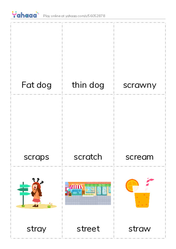 Picture flashcards worksheet for Fat dog, thin dog, scrawny and 13 more