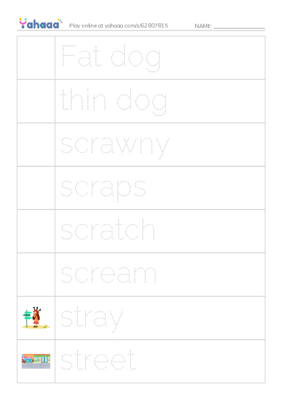 Picture and word rows worksheet for Fat dog, thin dog, scrawny and 13 more