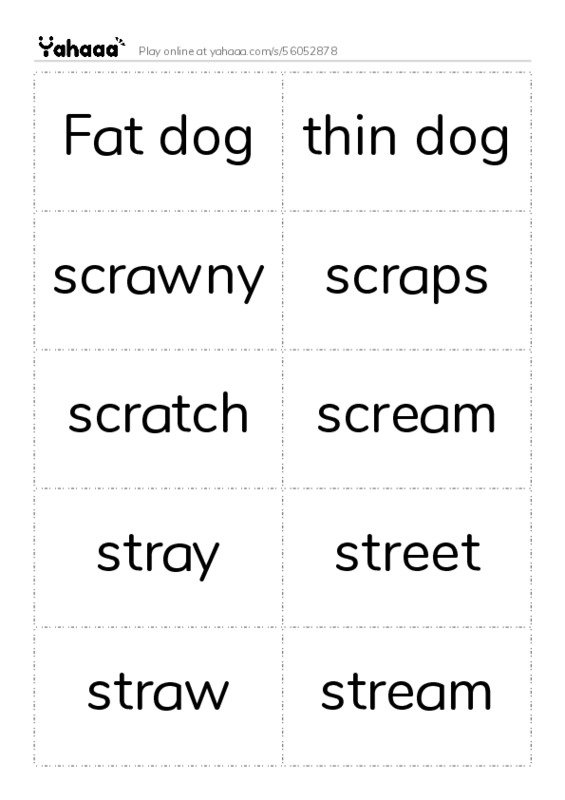 Word flashcards worksheet for Fat dog, thin dog, scrawny and 13 more