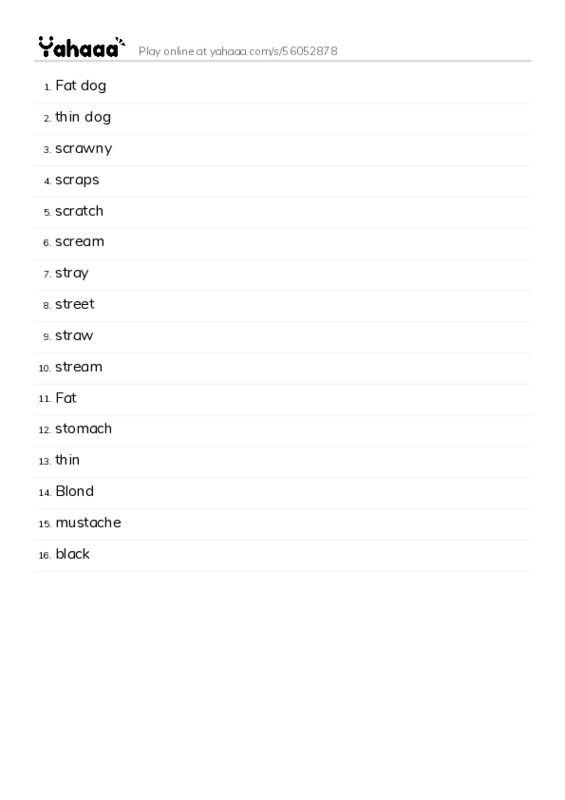 Word list with meanings worksheet for Fat dog, thin dog, scrawny and 13 more