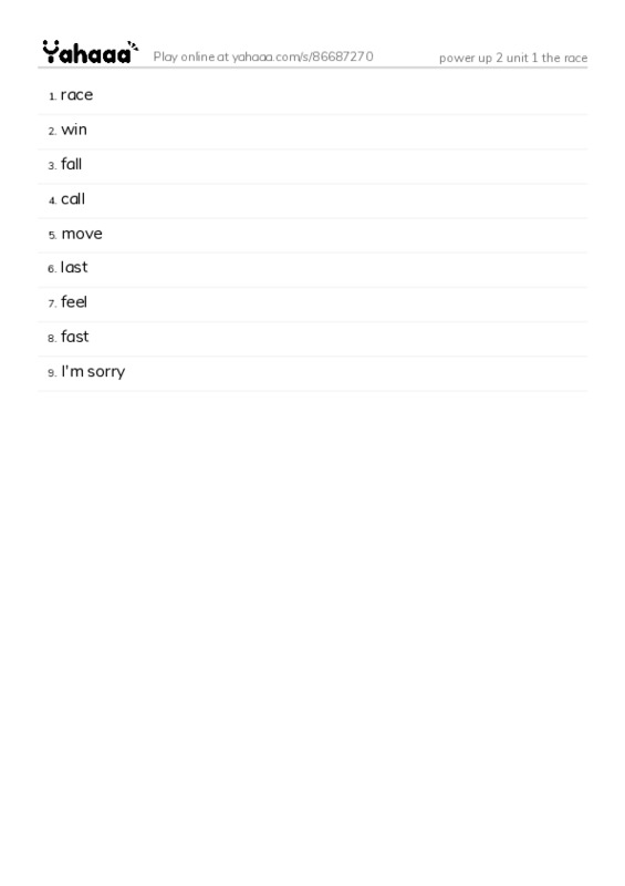 Word list with meanings worksheet for power up 2 unit 1 the race