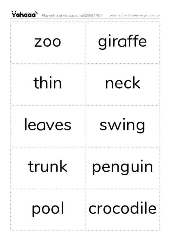 Word flashcards worksheet for power up 1 unit 6 when we go to the zoo