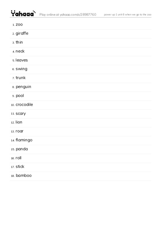 Word list with meanings worksheet for power up 1 unit 6 when we go to the zoo
