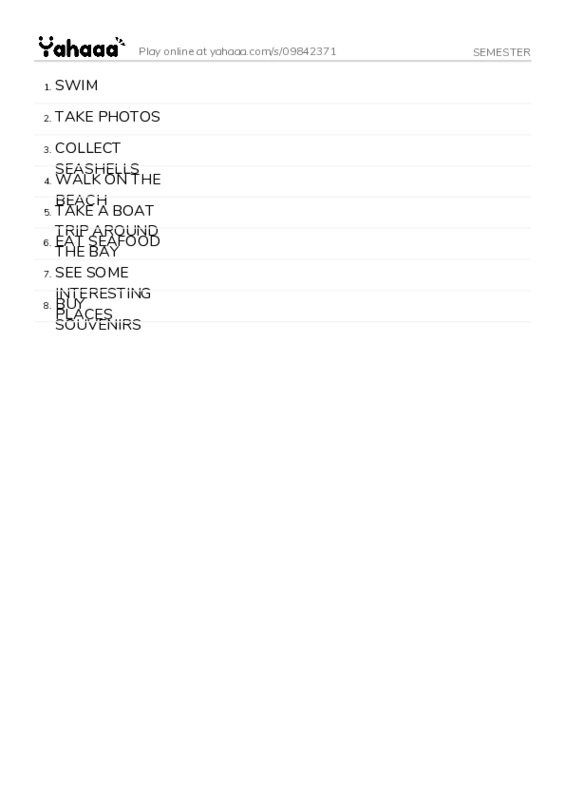 Word list with meanings worksheet for SEMESTER