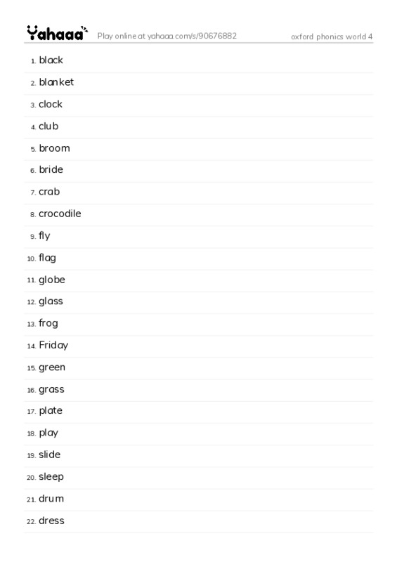 Word list with meanings worksheet for oxford phonics world 4