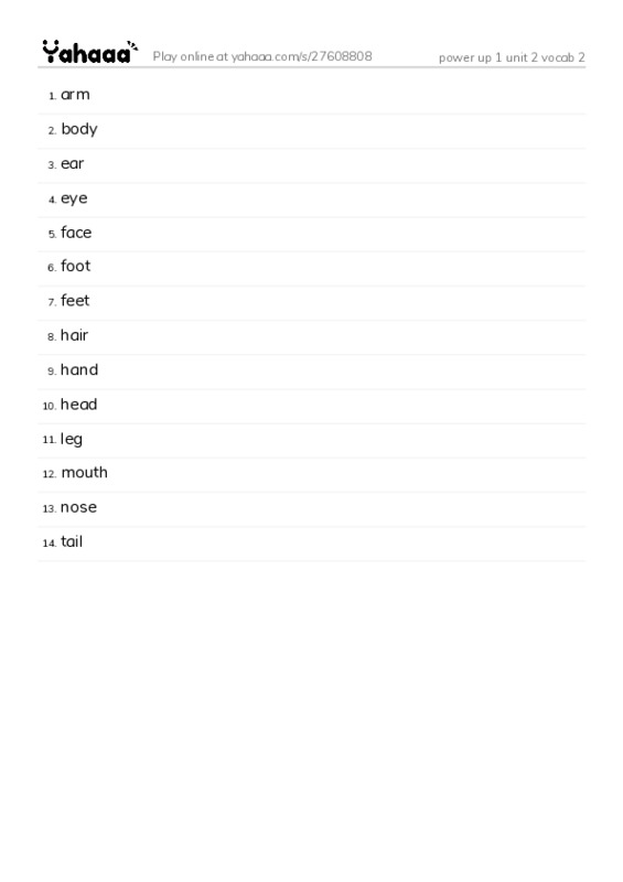 Word list with meanings worksheet for power up 1 unit 2 vocab 2