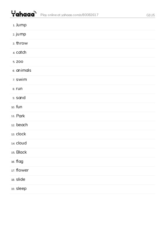 Word list with meanings worksheet for G1U5