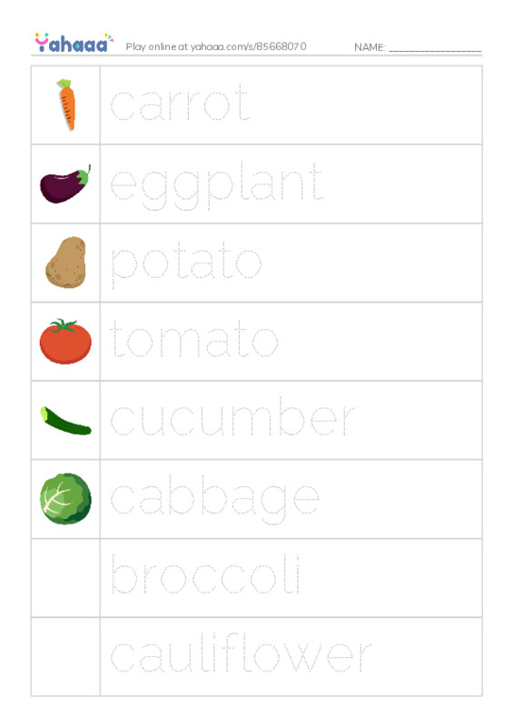 Picture and word rows worksheet for Vegetables