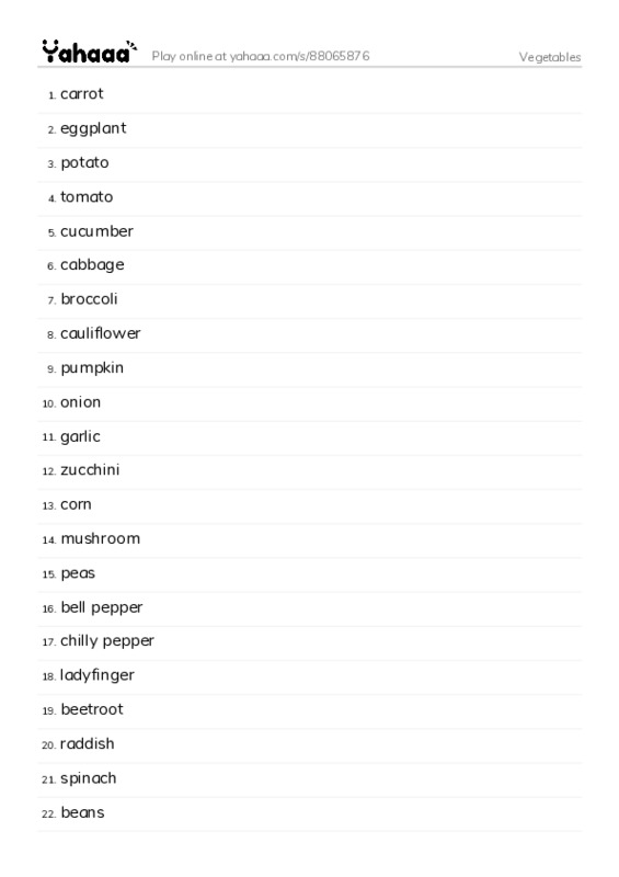 Word list with meanings worksheet for Vegetables