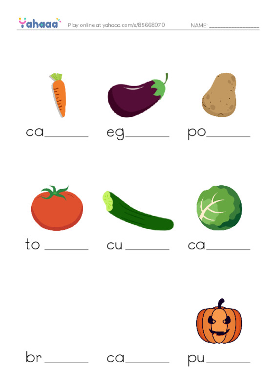 Finish the word worksheet for Vegetables