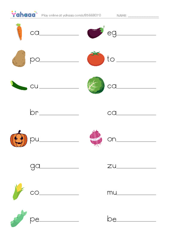 Write the word rows worksheet for Vegetables