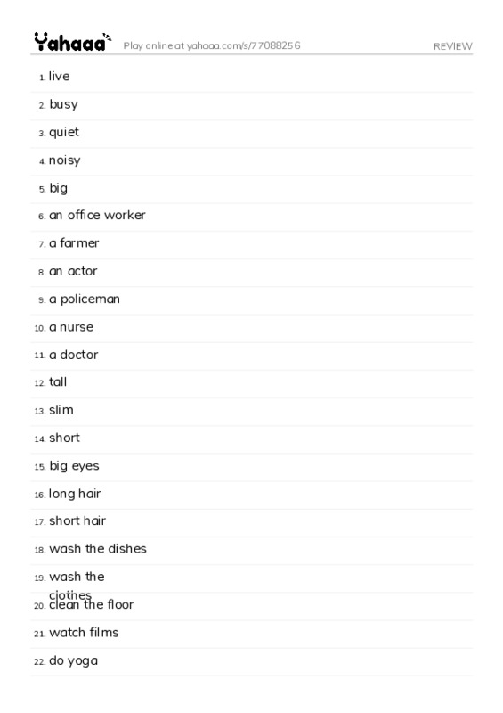 Word list with meanings worksheet for REVIEW