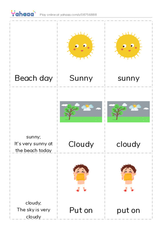 Picture flashcards worksheet for Beach day, Sunny, sunny and 7 more