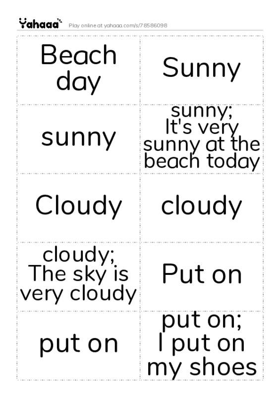 Word flashcards worksheet for Beach day, Sunny, sunny and 7 more