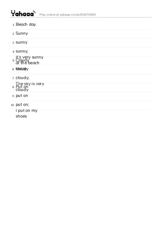 Word list with meanings worksheet for Beach day, Sunny, sunny and 7 more