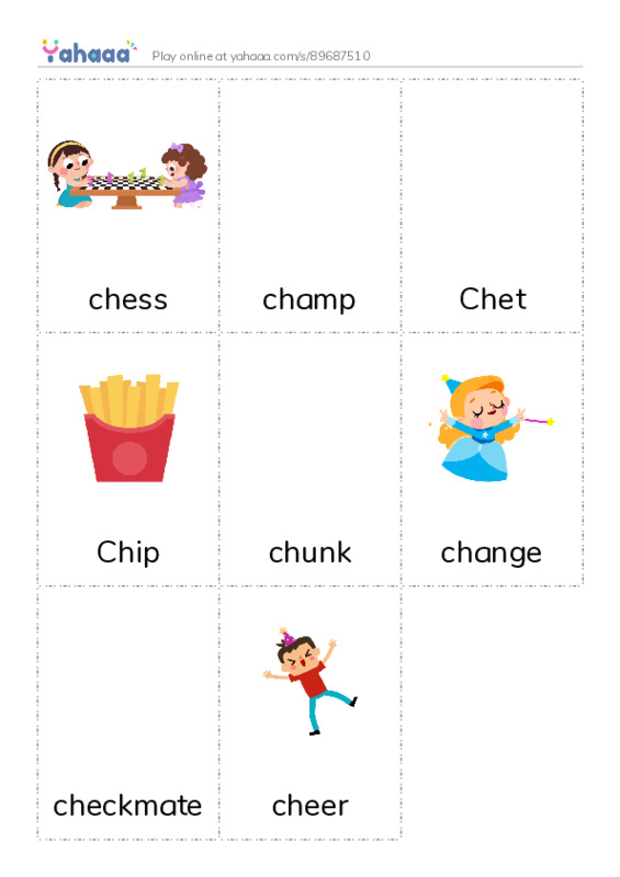 Picture flashcards worksheet for chess, champ, Chet and 5 more