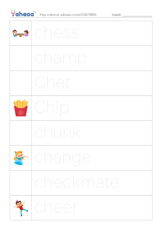 Picture and word rows worksheet for chess, champ, Chet and 5 more
