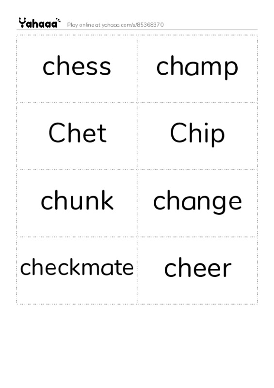 Word flashcards worksheet for chess, champ, Chet and 5 more