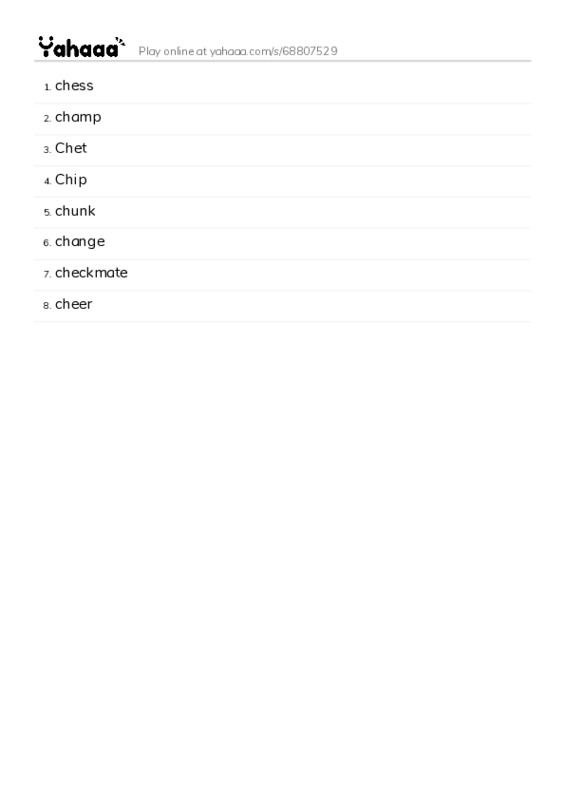 Word list with meanings worksheet for chess, champ, Chet and 5 more
