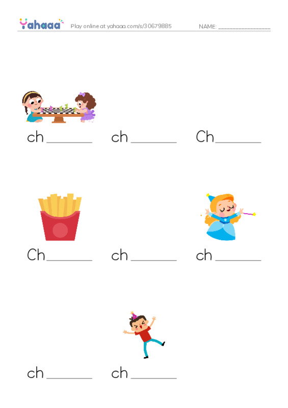 Finish the word worksheet for chess, champ, Chet and 5 more