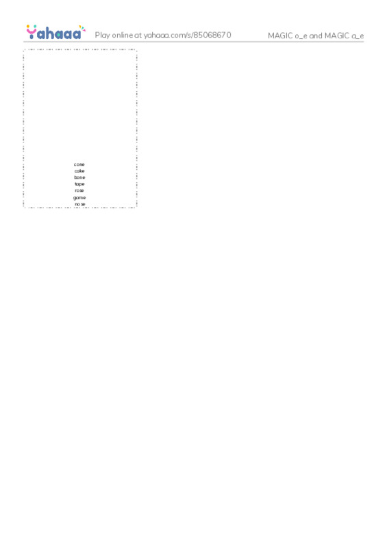 Picture flashcards worksheet for MAGIC o_e and MAGIC a_e