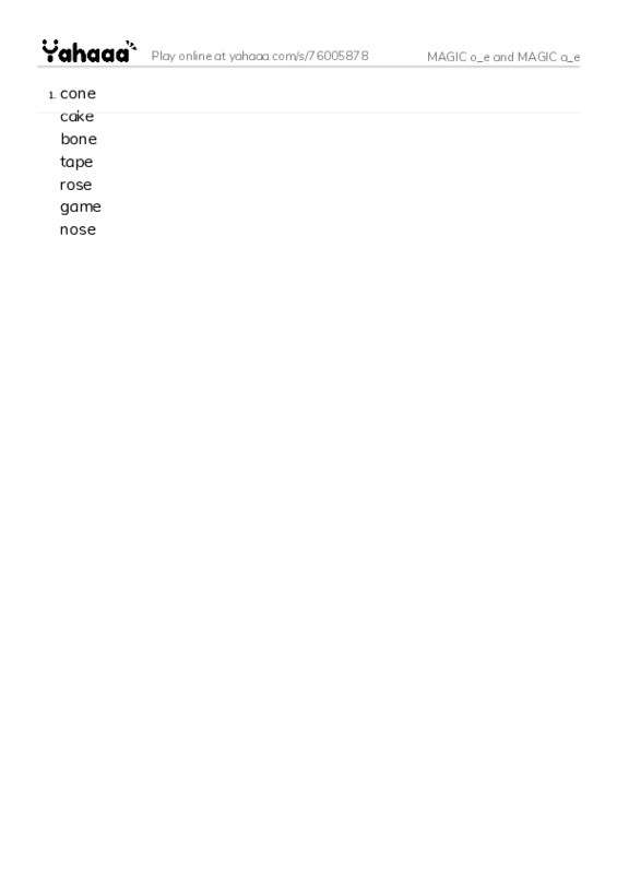 Word list with meanings worksheet for MAGIC o_e and MAGIC a_e