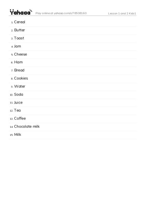Word list with meanings worksheet for Lesson 1 and 2 Kids1