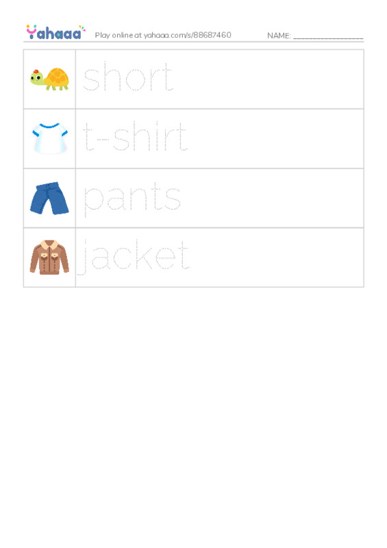 Picture and word rows worksheet for Clothes